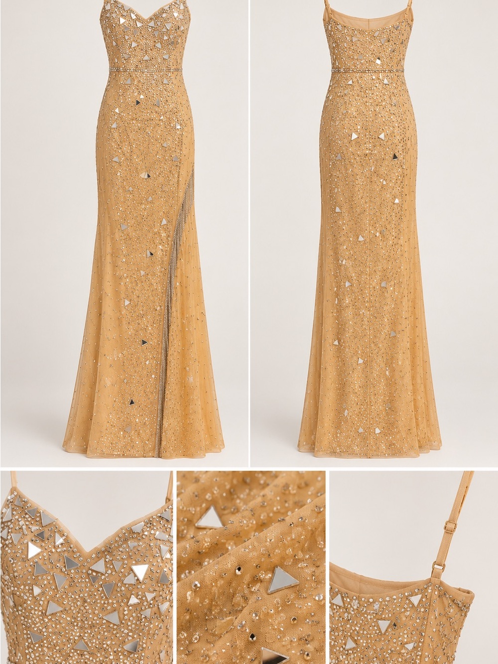 Elegant Gold Embellished Evening Gown - Women Dresses